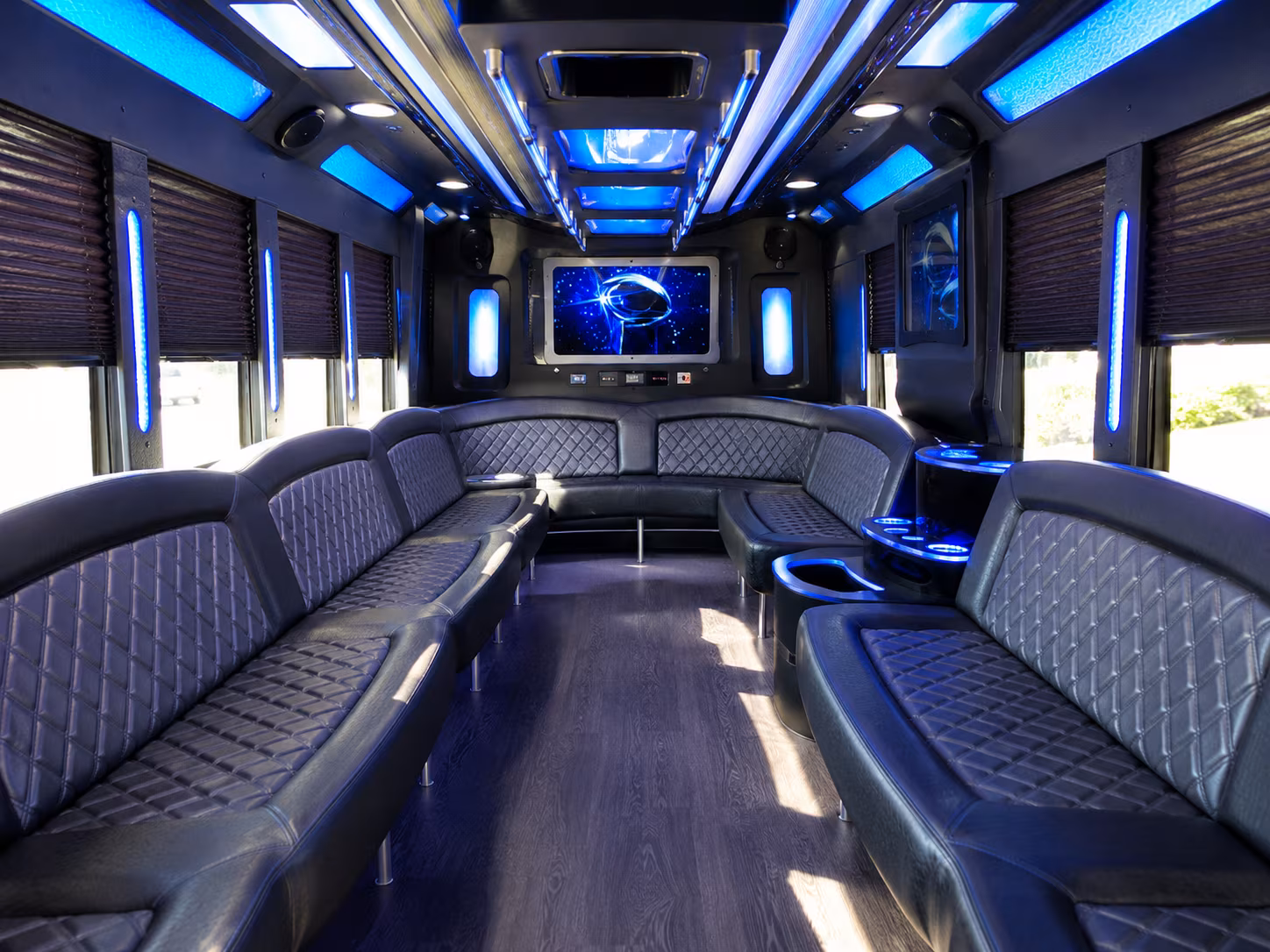 paramount 28 passenger party bus inside